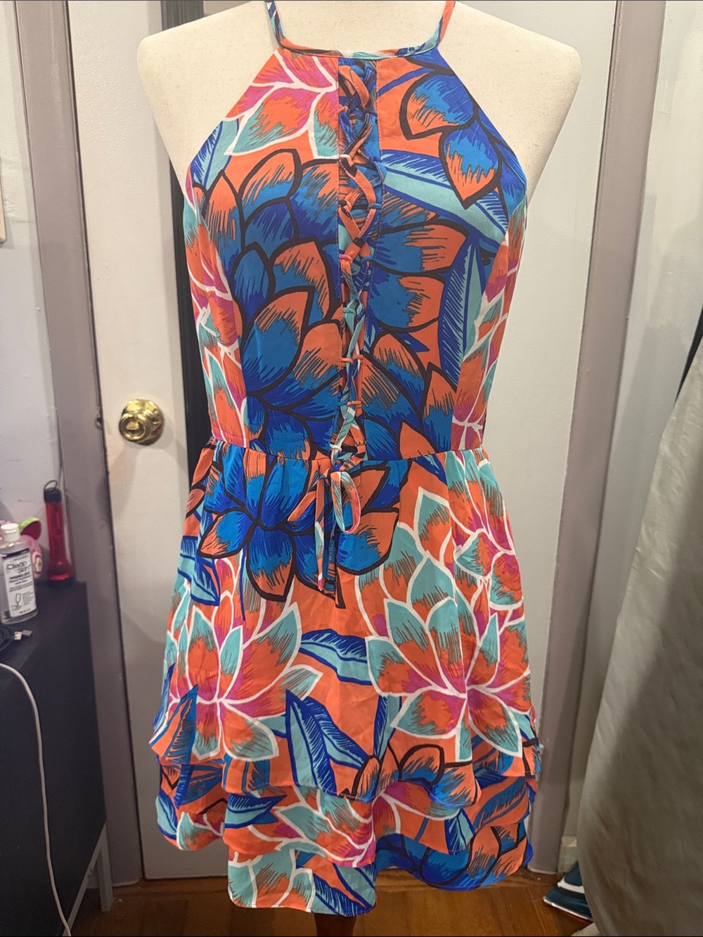 Parker Multicolor Floral Halter Mini Dress - Orange, Blue, Teal